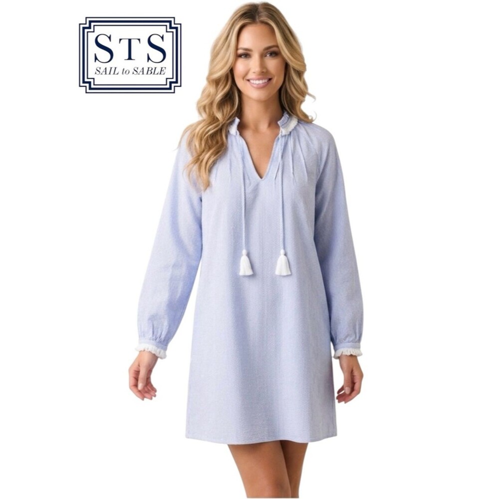 Sail to Sable Blue Chambray Fringe Tunic Dress Softly Ruffled Tassels S Preppy